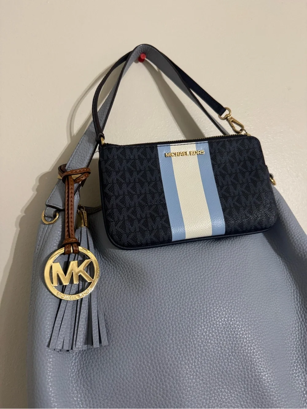 Michael Kors Light Blue Leather Hobo Bag with Tassel and Wristlet